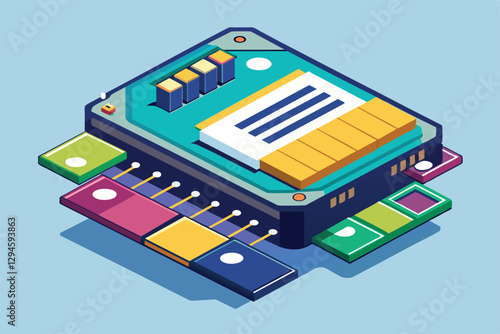 A detailed design of customizable semi-flat memory storage with colorful connection interfaces shown clearly, Memory storage Customizable Semi Flat Illustration