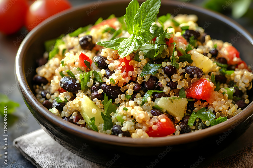 Quinoa salad with black beans and mint garnish Quinoa salad with black beans and mint garnish