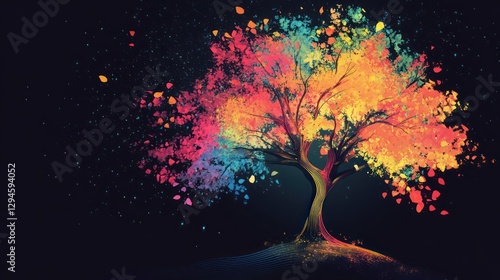 A colorful tree illustration, with artistic brushstroke effects on the trunk and leaves, set against a bold black background