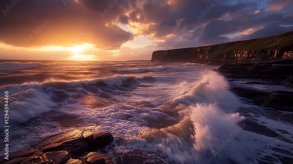 Dreamy sunset illuminating ocean waves on soft beach sand Dreamy sunset illuminating ocean waves on soft beach sand