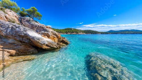 Coastal Rocks and Azure Sea - Serene seascape, crystal clear water, tranquil beach, rocky coastline, summer vacation. Symbolizing peace, serenity, escape, beauty, and adventure