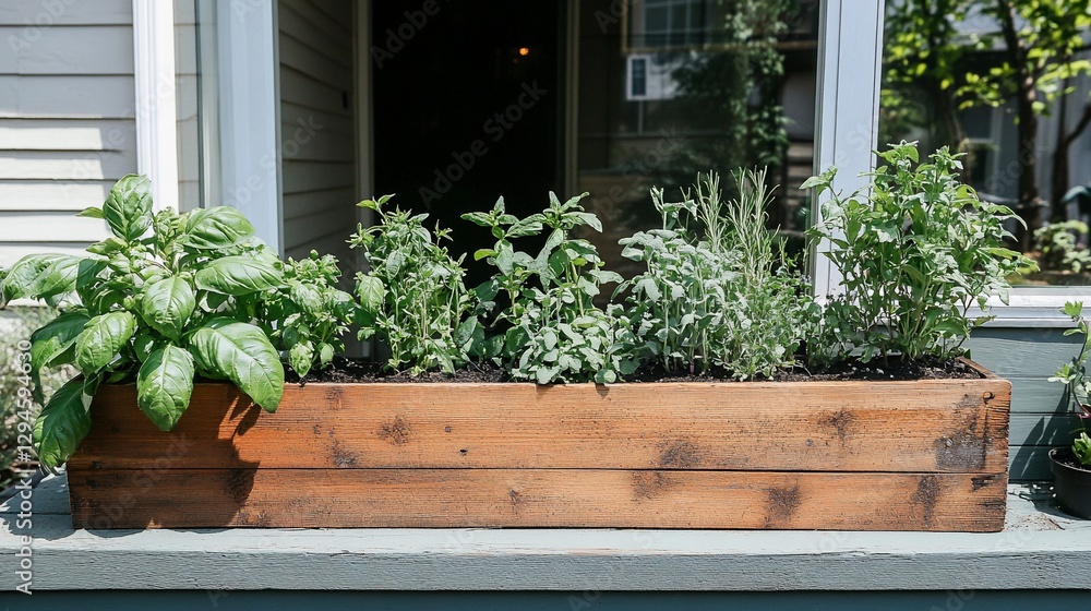 Fototapeta premium Wooden planter box with herbs on porch, house in background