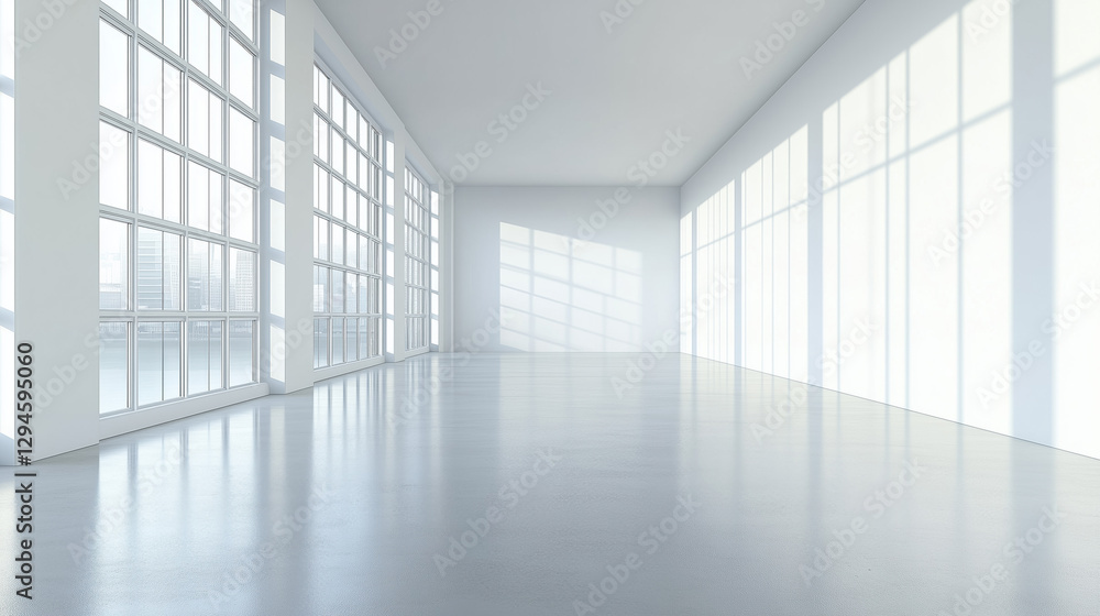 Fototapeta premium Large Modern Hall with Floor-to-Ceiling Windows, Smooth White Walls, and Polished Floors Providing a Minimalist and Airy Backdrop with Bright Daylight