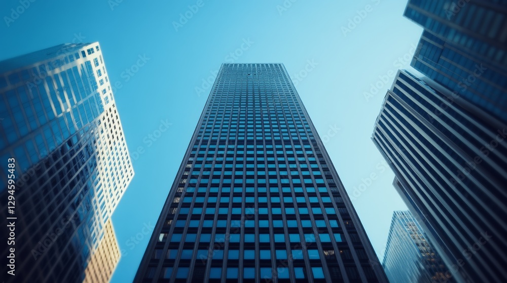 An upward view of a sleek skyscraper against a clear blue sky captures modernity, elegance, and architectural power amidst towering urban giants. An upward view of a sleek skyscraper against a clear blue sky captures modernity, elegance, and architectural power amidst towering urban giants.