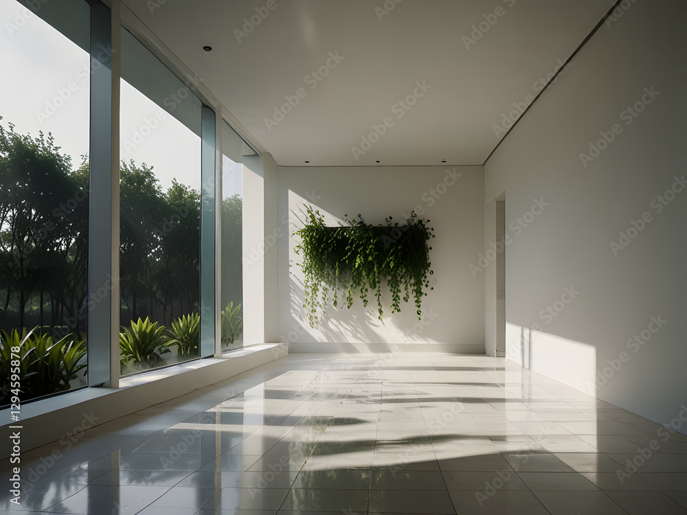 Obraz premium Image is a minimalist interior photograph featuring a single potted plant placed on a glossy white tiled floor. The plant, with lush green leaves, is housed in a smooth, round white pot.