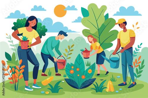 A diverse group of individuals is focused on watering and caring for plants in a lush garden during daylight, Men and women watering plants and picking up trash