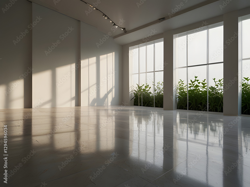 Obraz premium Image is a minimalist interior photograph featuring a single potted plant placed on a glossy white tiled floor. The plant, with lush green leaves, is housed in a smooth, round white pot.