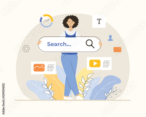 Online web search service. Using browser search engine to find answers to questions, explore internet. Flat vector illustration.	
