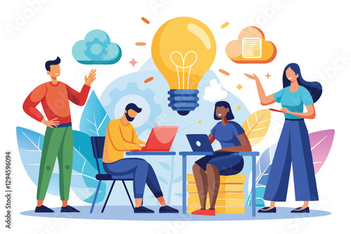 A group of men and women brainstorm ideas together, inspired by a light bulb symbolizing creativity, Men and women with light bulb, Insight and brainstorming, idea,