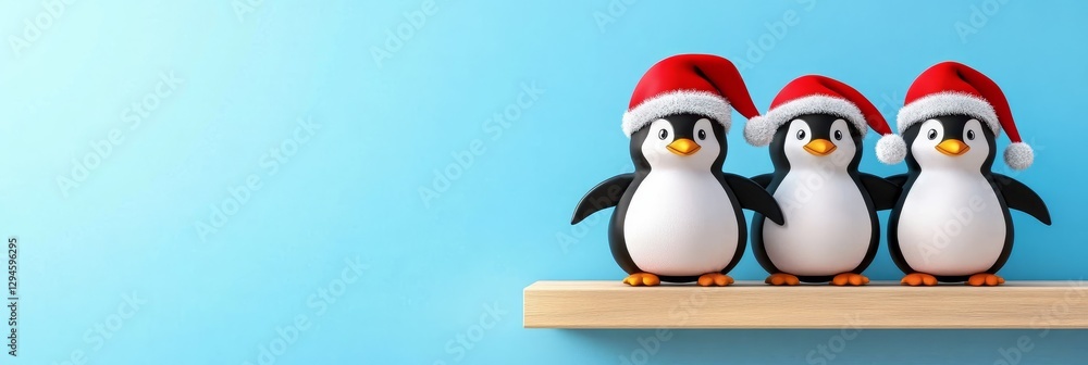 Obraz premium Festive Penguins on Shelf - Three adorable penguins wearing Santa hats stand on a wooden shelf against a light blue background. Perfect for Christmas cards or winter holiday decorations