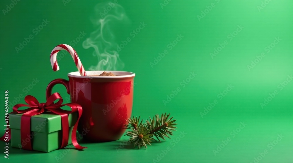A Festive Mug of Warm Beverage with Candy Cane and Gift A Festive Mug of Warm Beverage with Candy Cane and Gift