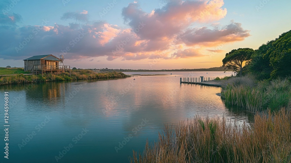Fototapeta premium Barwon river bend and boathouse at sunrise Barwon Heads Coastal Vibe