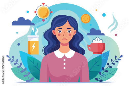 A woman expresses concern about menopause symptoms while considering customizable solutions for relief, Menopause Customizable Disproportionate Illustration