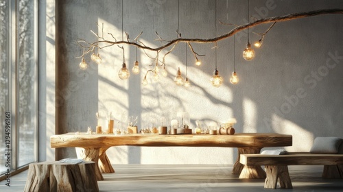 modern interior wooden furniture and design lamp branch and bulbs