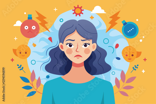 A woman displays signs of distress related to menopause amidst a colorful and dynamic backdrop, Menopause Customizable Disproportionate Illustration