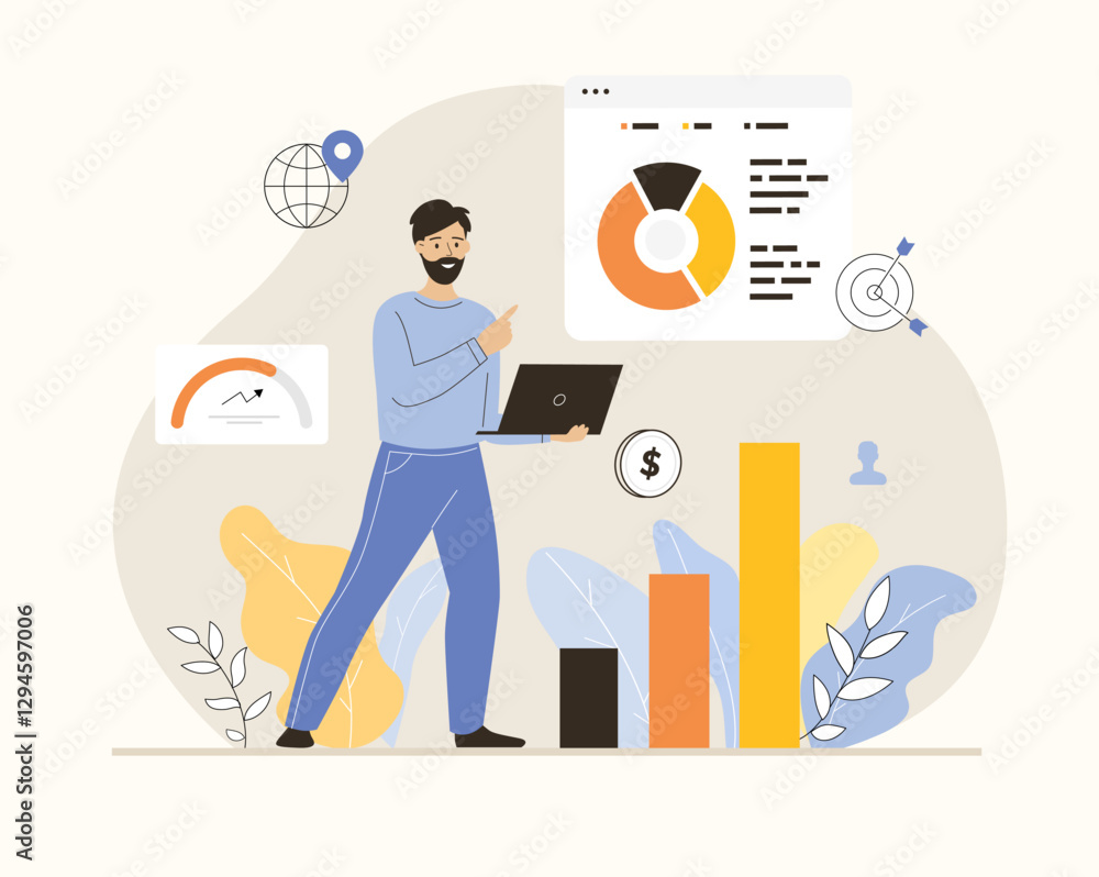Sales performance concept. Man analyzing growth charts and graphs. Increase sales and skills. Finance report. Flat vector illustration.
Sales performance concept. Man analyzing growth charts and graphs. Increase sales and skills. Finance report. Flat vector illustration.