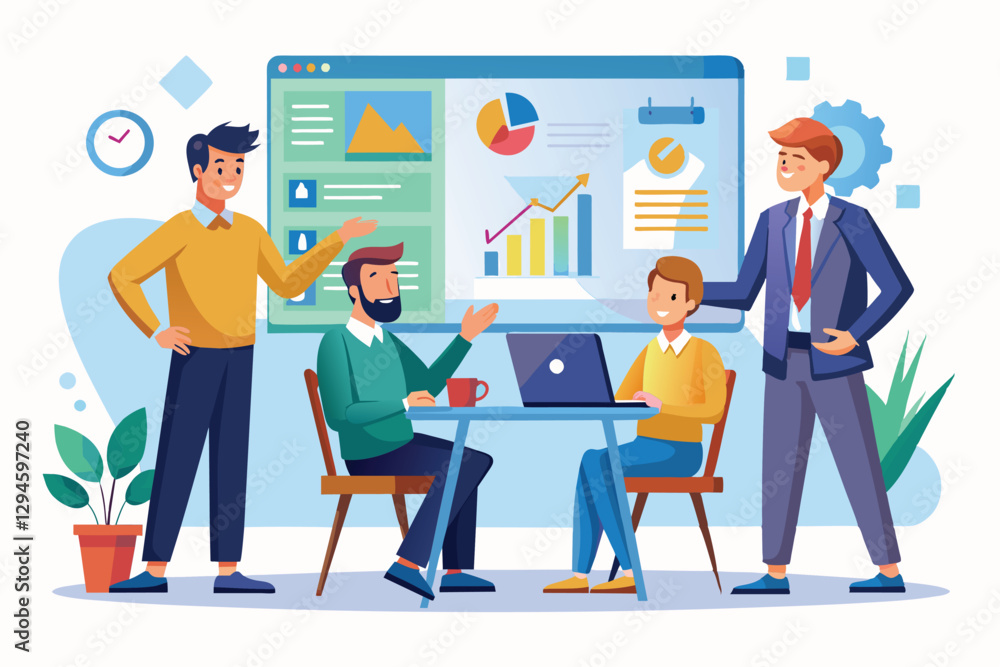 Fototapeta premium A group of men collaborate and discuss analysis data presented on a screen in an office setting, women present analysis data to colleagues