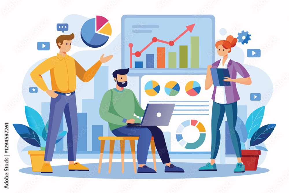 Three men discuss growth data and analytics while using laptops and visual aids in an office space, men present growth data analysis Three men discuss growth data and analytics while using laptops and visual aids in an office space, men present growth data analysis
