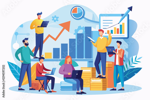 A group of men collaborates to analyze and prepare growth data in a contemporary office environment, men prepare growth data analysis
