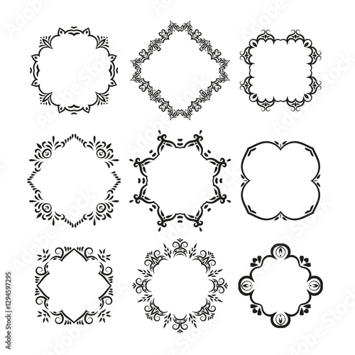 Set of decorative ornate frames. Collection of frames of different shapes, including circles, squares, and diamonds, with unique ornamental design for invitations, labels, cards, decoration.