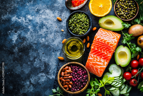 A variety of food including salmon, avocado, tomatoes, cucumbers, olives, beans, and other vegetables