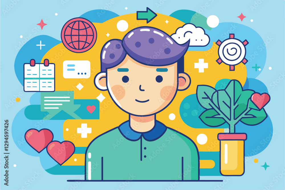 A cartoon character expresses positivity surrounded by symbols of mental health and well-being, Mental health Customizable Cartoon Illustration A cartoon character expresses positivity surrounded by symbols of mental health and well-being, Mental health Customizable Cartoon Illustration