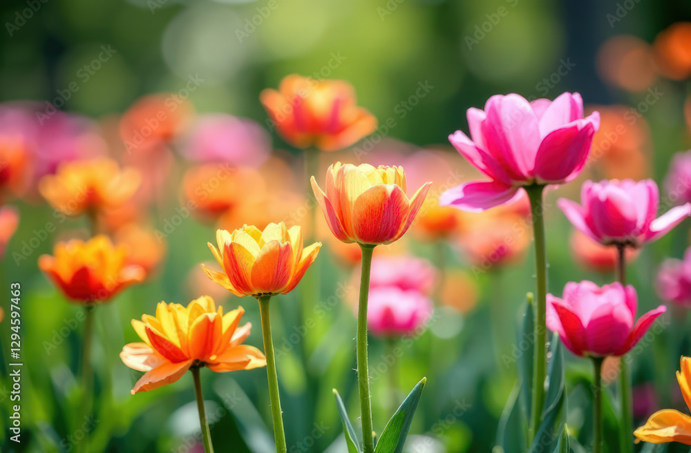 Naklejka premium Vibrant multicolored tulips blooming in a sunny garden