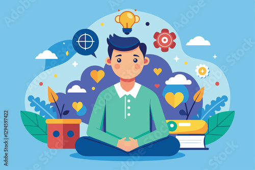 A cartoon features a calm character surrounded by symbols of mental health and creativity, promoting mindfulness, Mental health Customizable Cartoon Illustration