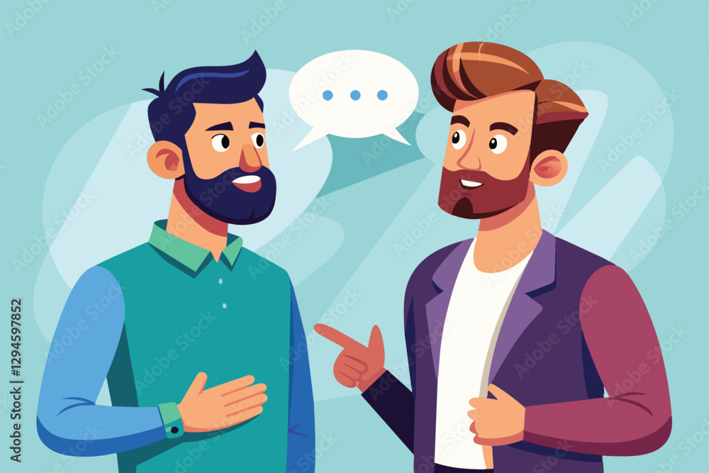 Two men have a friendly discussion, smiling and gesturing in a vibrant, colorful setting, Men talking Customizable Disproportionate Illustration Two men have a friendly discussion, smiling and gesturing in a vibrant, colorful setting, Men talking Customizable Disproportionate Illustration