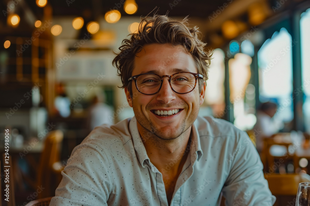 A man wearing glasses sitting at a table in a restaurant A man wearing glasses sitting at a table in a restaurant