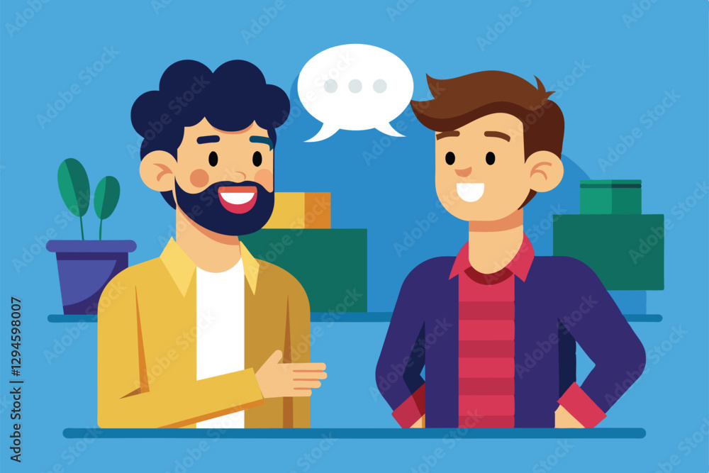 Two men are happily talking with each other, smiling and enjoying their conversation in a bright environment, Men talking Customizable Flat Illustration Two men are happily talking with each other, smiling and enjoying their conversation in a bright environment, Men talking Customizable Flat Illustration