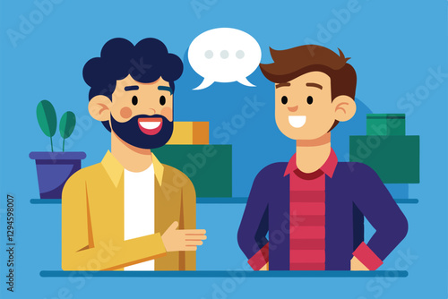 Two men are happily talking with each other, smiling and enjoying their conversation in a bright environment, Men talking Customizable Flat Illustration