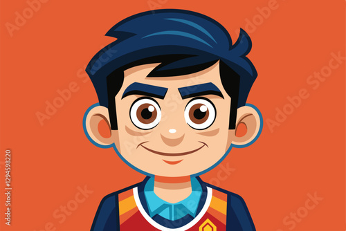 A cheerful young boy with dark hair and a bright smile, ready for customization in various styles, Mention Customizable Cartoon Illustration