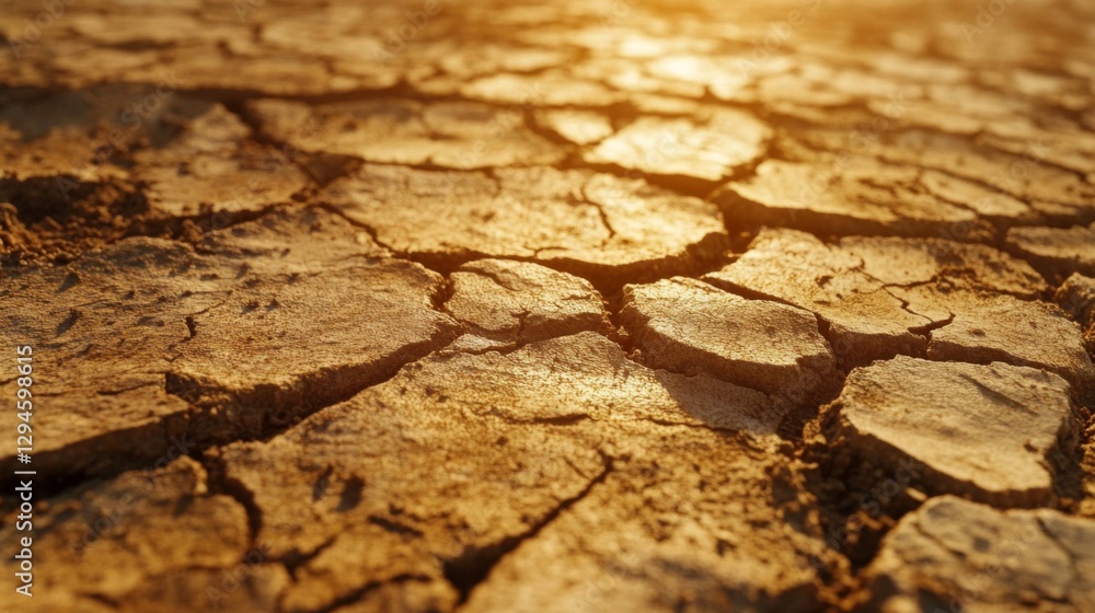 Fototapeta premium Cracked Dry Earth Under Golden Sunset Light