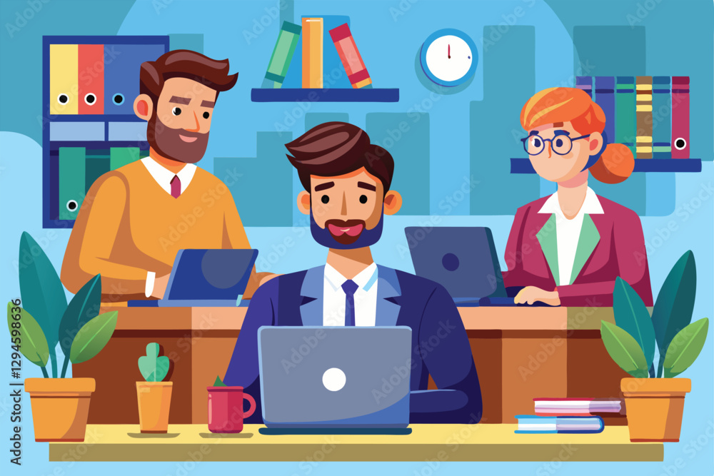 Three avatar characters are engaged in office tasks, each using a laptop in a vibrant workspace, Men working in the office avatar character Vector illustration Three avatar characters are engaged in office tasks, each using a laptop in a vibrant workspace, Men working in the office avatar character Vector illustration
