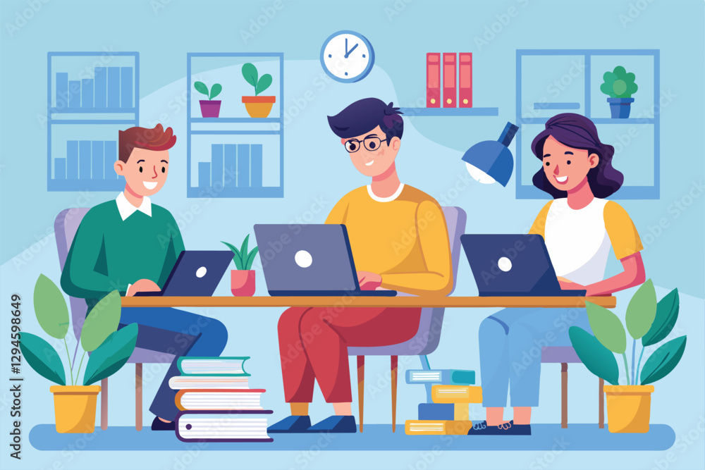 Three men are focused on computer assignments at a shared table, surrounded by plants and books, men work on assignments using laptops Three men are focused on computer assignments at a shared table, surrounded by plants and books, men work on assignments using laptops