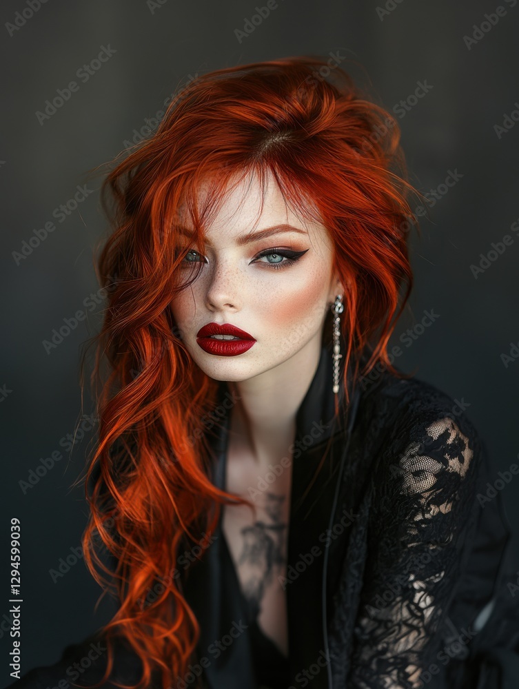 Fototapeta premium Fiery red-haired woman poses with a stylish look and vibrant makeup on a dark background
