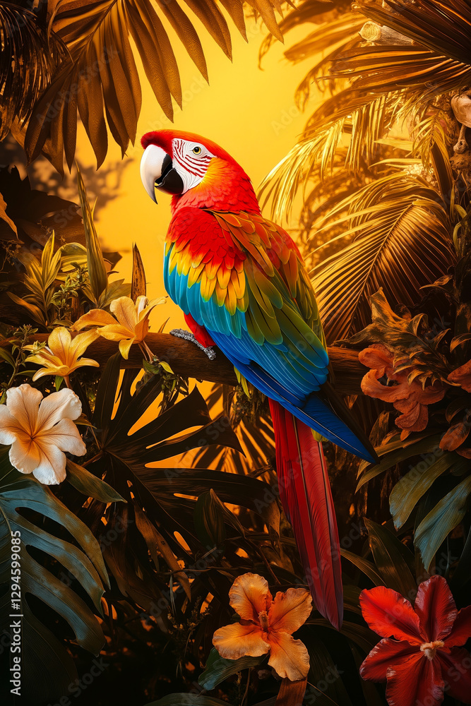 Obraz premium A colorful parrot sitting on a branch surrounded by tropical plants and flowers
