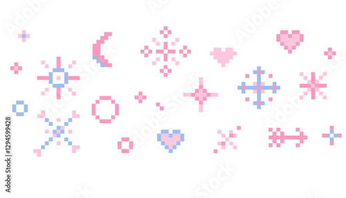 Pixel star sparkle cute retro 8 bit sparkle set. Shiny pink game pixel art effect set. Firework burst, arrow, space decoration. 90s aesthetics, y2k 
