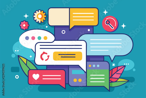 Colorful messaging bubbles and playful icons create a lively backdrop for customizable communication, Messaging fun Customizable Semi Flat Illustration