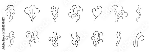 Steam smoke hand drawn line comic doodle. Aroma trail, cloud or wind silhouette. Smells hot air fragrance evaporate set. 