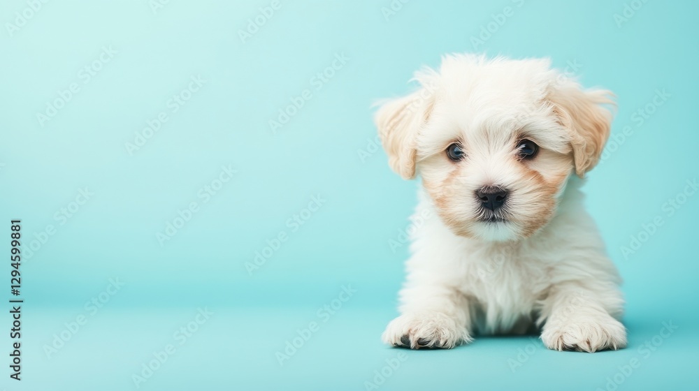 Cute maltipoo puppy dog on light blue background with copyspace Cute maltipoo puppy dog on light blue background with copyspace