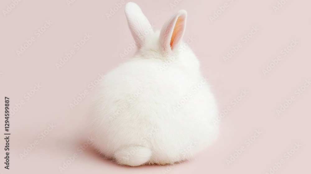 Obraz premium Cute fluffy white bunny sitting with his back to the camera on pastel background. Easter holiday concept