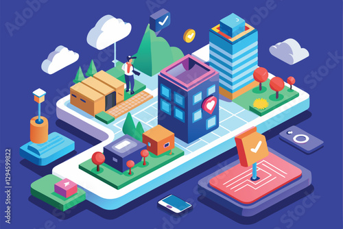 An isometric illustration shows a customizable messenger interface with urban features and interactive elements, Messenger Customizable Isometric Illustration