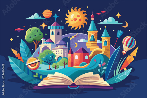 An enchanting scene comes to life from an open book, with mythical castles and whimsical elements thriving, Metaphor of fantasy and imagination, fiction literature and love for reading