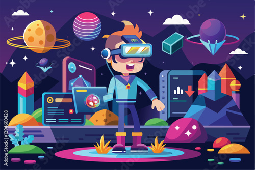 A cartoon character interacts with a virtual world filled with planets, crystals, and futuristic elements, Metaverso Customizable Cartoon Illustration