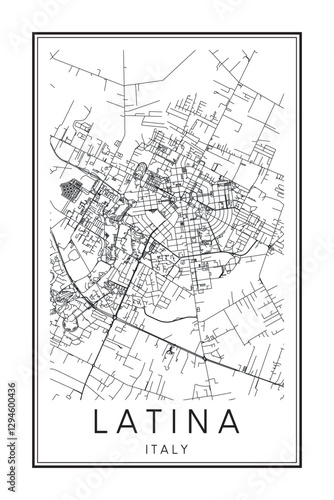 Printable downtown road map poster of the Italian town of LATINA on solid white background with city name