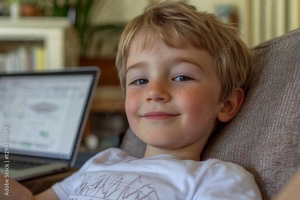 A boy relaxing in a recliner, focused on trading graphs and AI analysis on his laptop A boy relaxing in a recliner, focused on trading graphs and AI analysis on his laptop