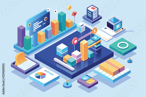 This illustration showcases customizable metrics in an isometric style featuring various charts and data visualizations, Metrics Customizable Isometric Illustration