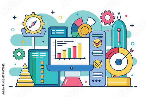 A dynamic digital workspace features customizable metrics with graphs, charts, and tools for data visualization, Metrics Customizable Semi Flat Illustration